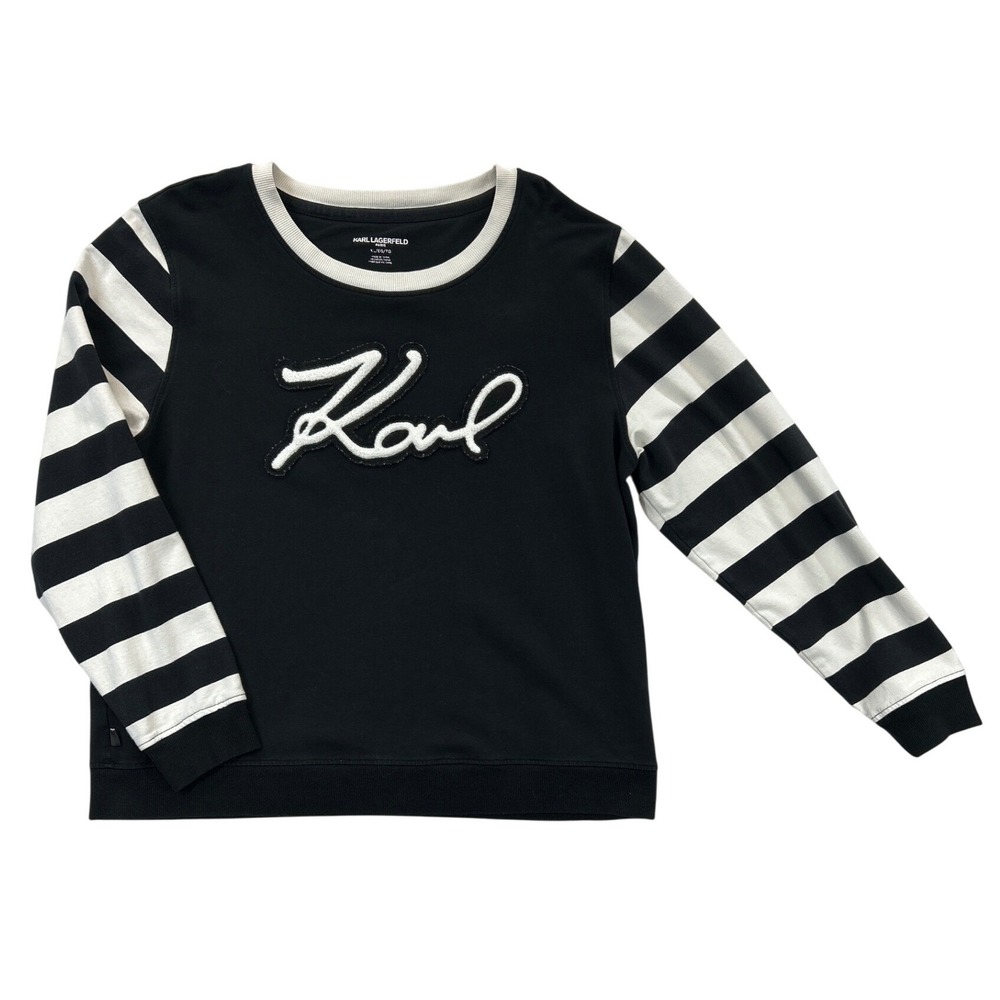Karl Lagerfeld Paris Sweatwshirt‎ Top Womens XL Black White Striped Sleeve Logo